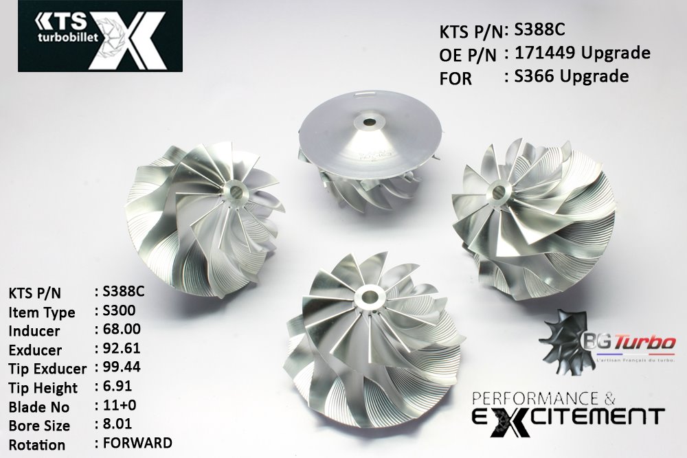 Turbo ROUE FORGÉE MFS PERFORMANCE - 11+0 PALES - INDUCER : 68 - EXDUCER : 92,61 - TYPE : S300ANGLE : 45° - ROTATION : Forward - SUPER BACK : 6,95 - BORE SIZE : 8,01
